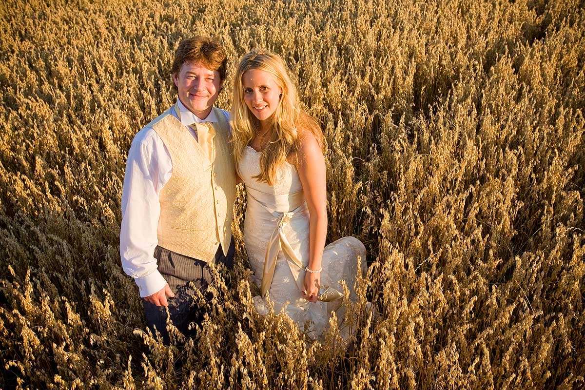 A young married couple stand in a field of golden corn looking up to camera on their wedding day in Somerset